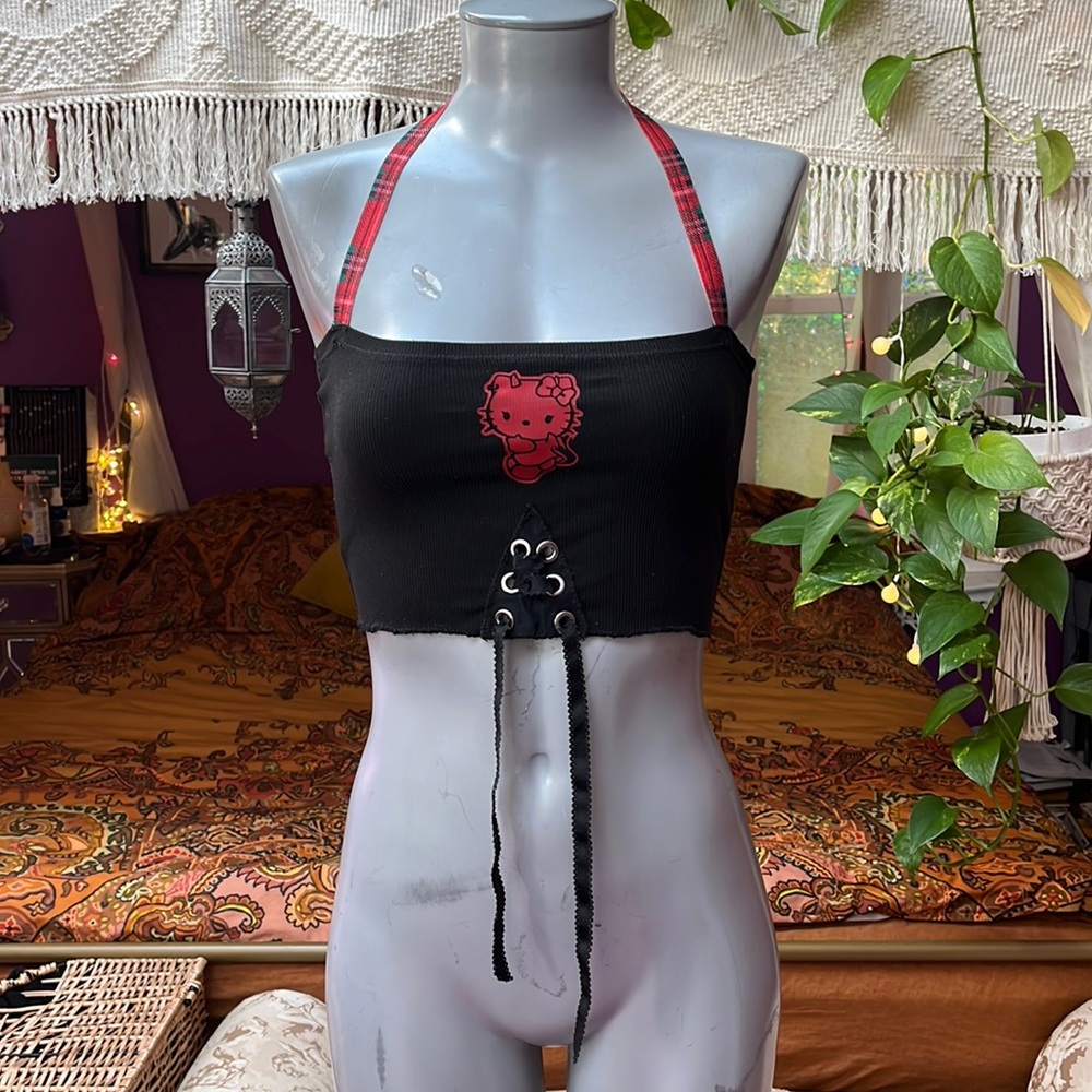DIY handmade demon devil Hello Kitty lace up front crop tube plaid halter top